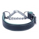 Adjustable PADDED Half check / Martingale Leather Dog Collar - Black with Baby Blue Lining. (Stainless Steel Chain)